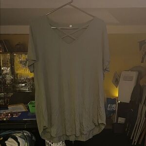 Woman’s Casual Olive Green Tee with Crisscross Neckline